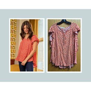 Orange & White Patterned Ruffle Sleeve Top Jade By Jane S 100% Rayon Lightweight